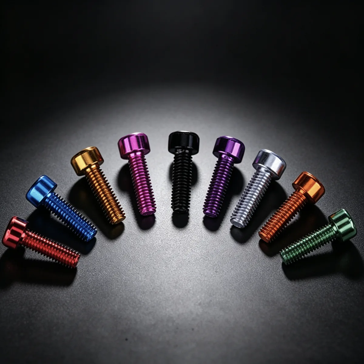 Anodized aluminum fasteners arranged in an arc to compare finish and geometry