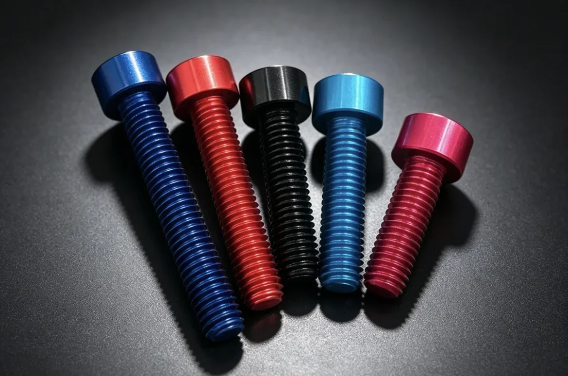 Anodized aluminum fasteners in multiple colors on a dark background