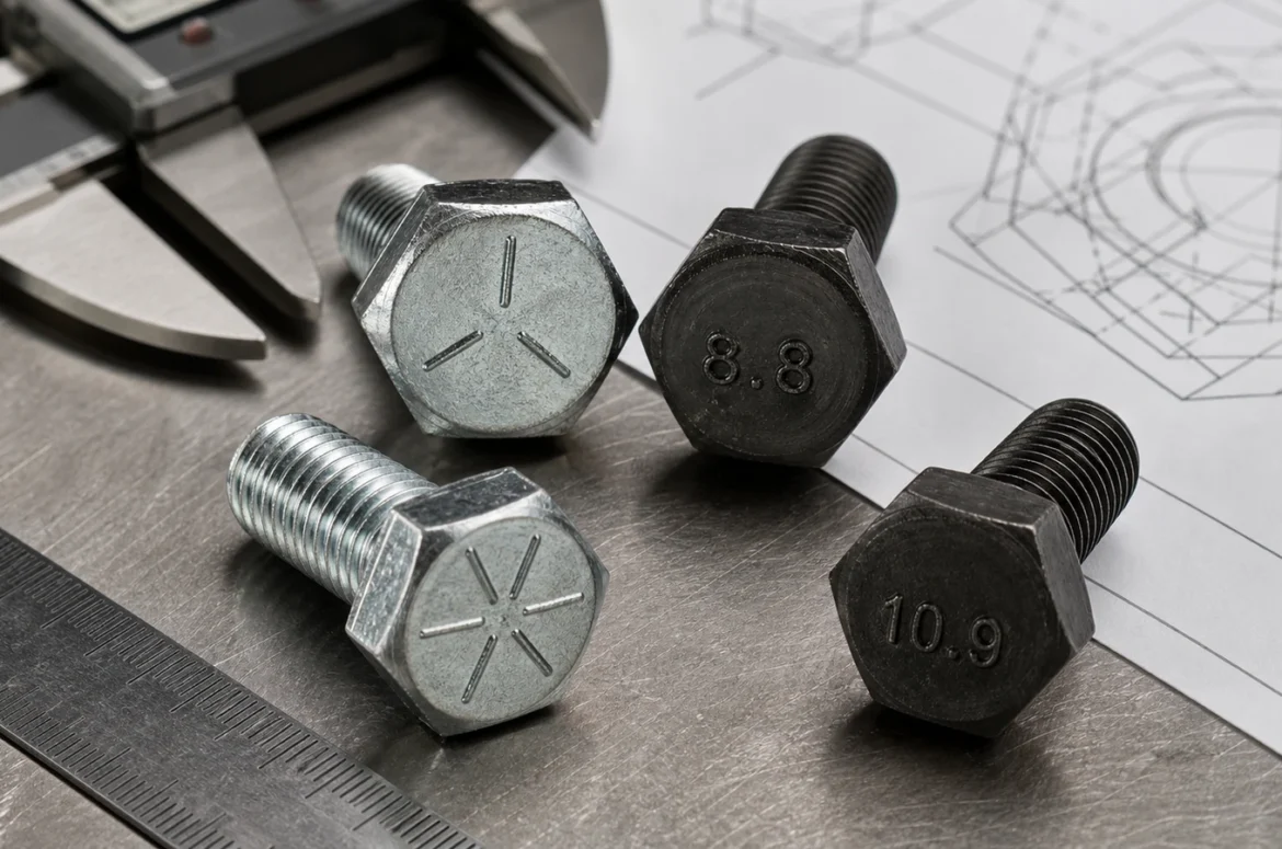 Hex bolt heads with SAE radial lines and metric 8.8 and 10.9 markings on an inspection bench