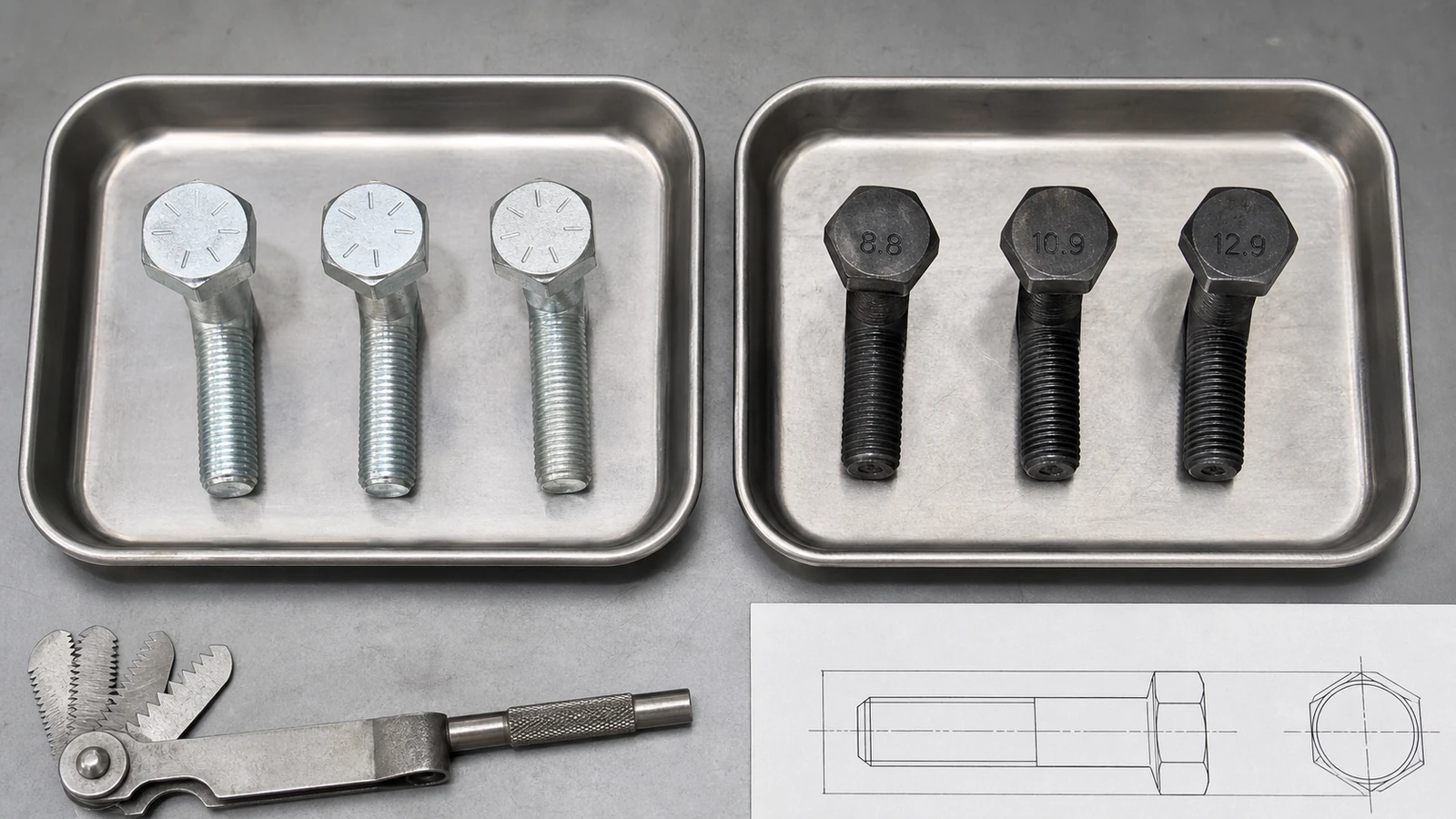 Separate inspection trays for SAE radial-line bolts and metric bolts marked 8.8, 10.9, and 12.9