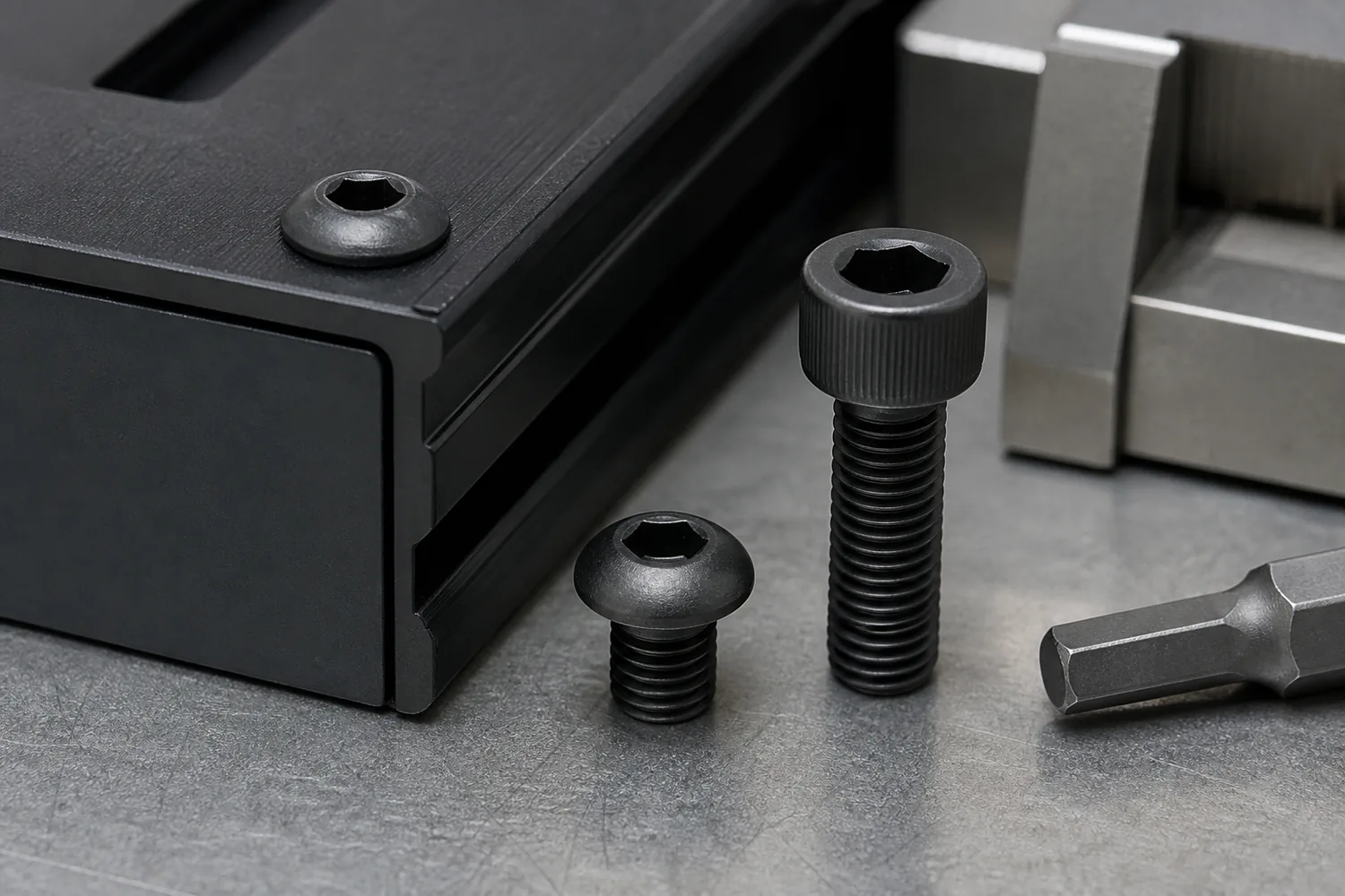 Low button head screw beside a taller socket head screw and compact enclosure