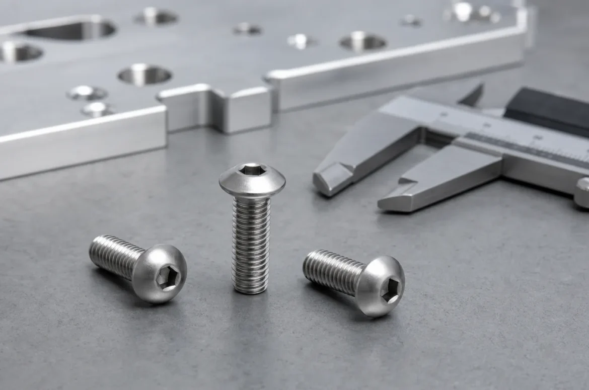 Stainless steel button head screws with a caliper on an inspection bench