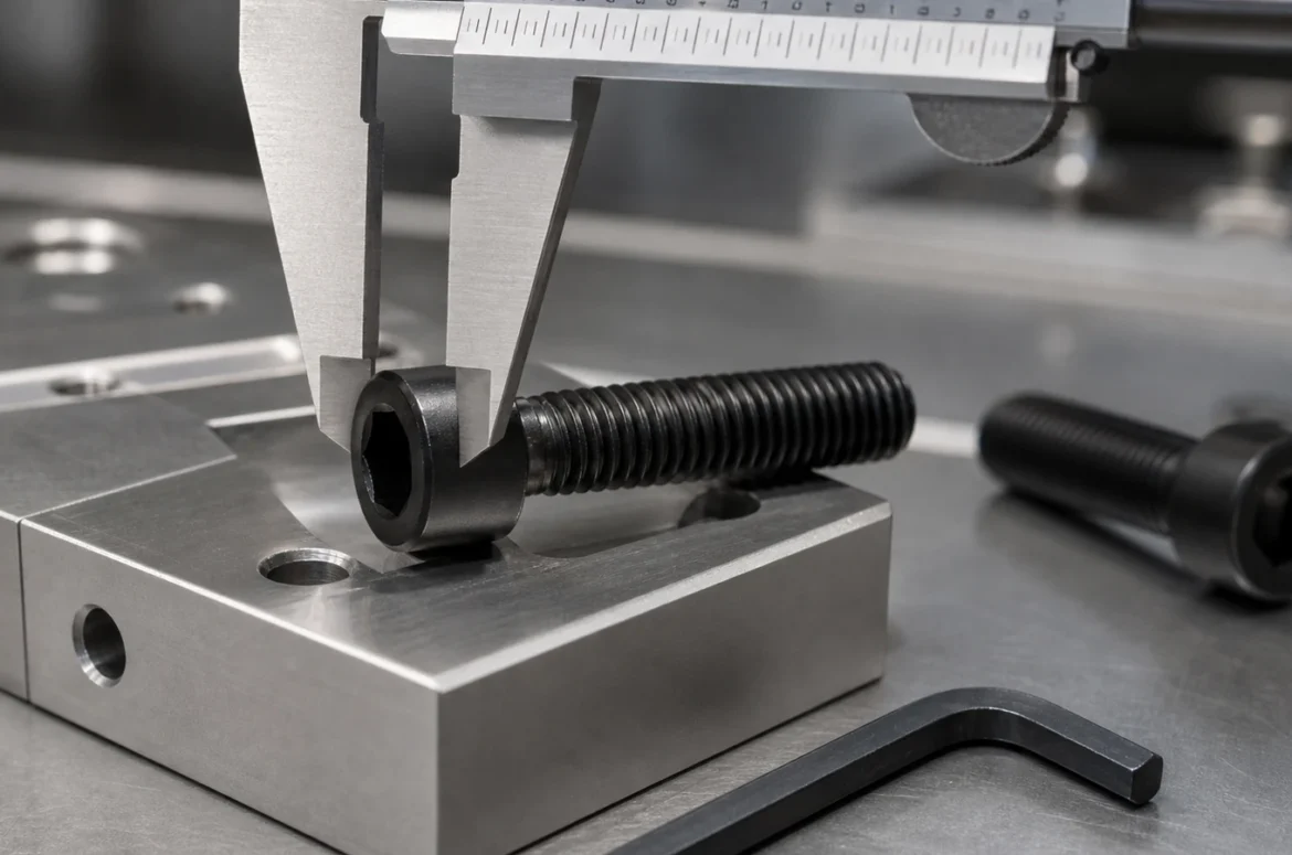 Black oxide socket head cap screw measured with a precision caliper in a machined aluminum fixture
