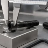 Black oxide socket head cap screw measured with a precision caliper in a machined aluminum fixture