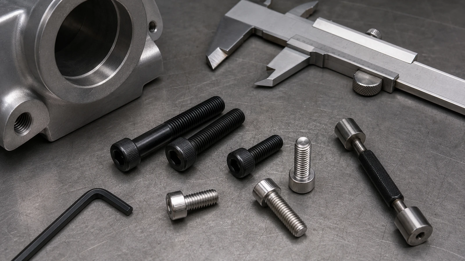 Socket head cap screws with an L-shaped hex key, threaded component, caliper, and inspection gauge on a quality bench