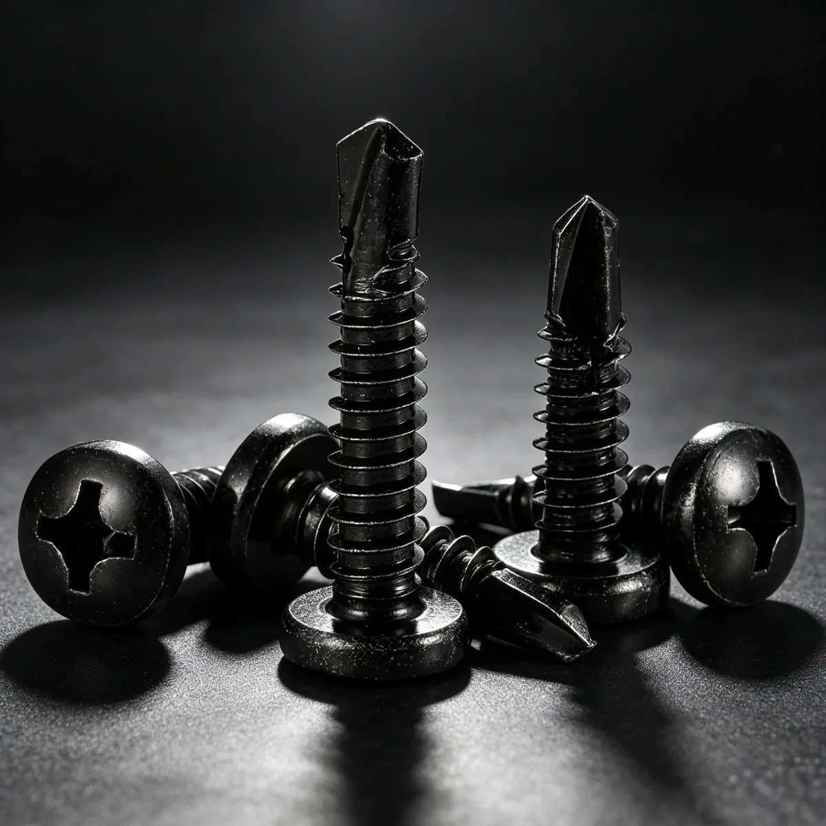 Cross-recessed self-drilling screws shown from multiple angles for feed and point review