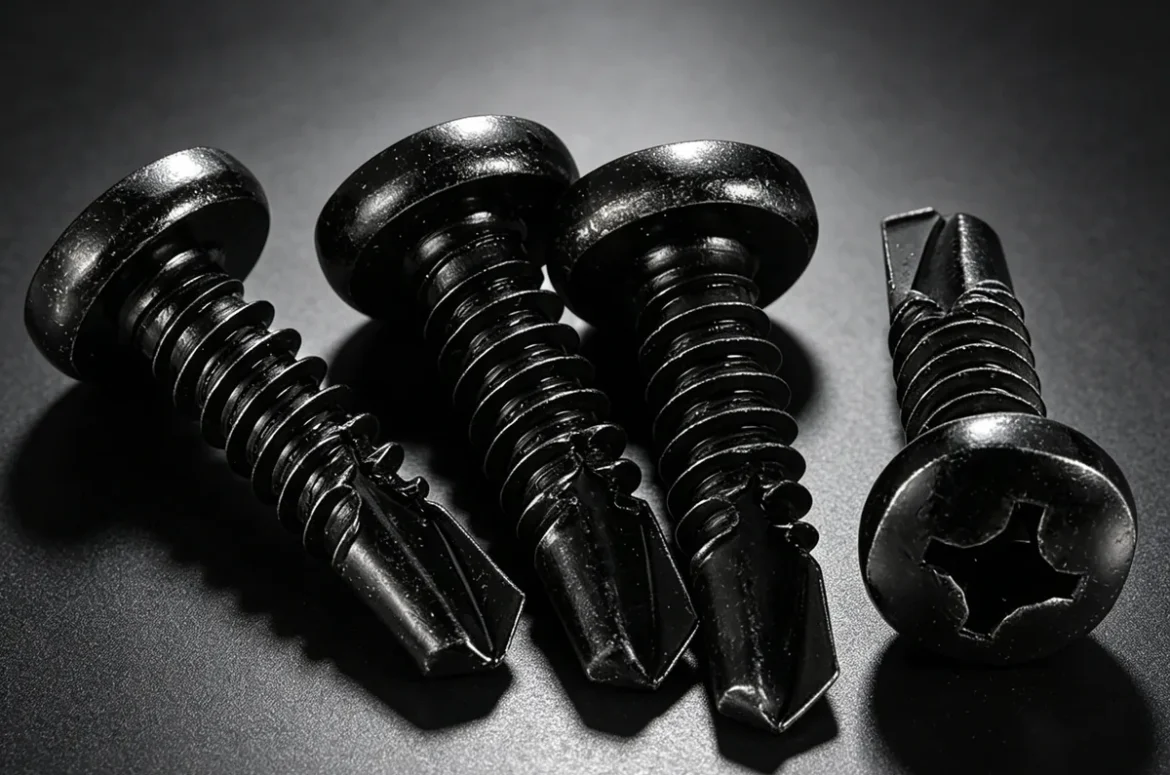Black cross-recessed self-drilling screws on a dark industrial surface