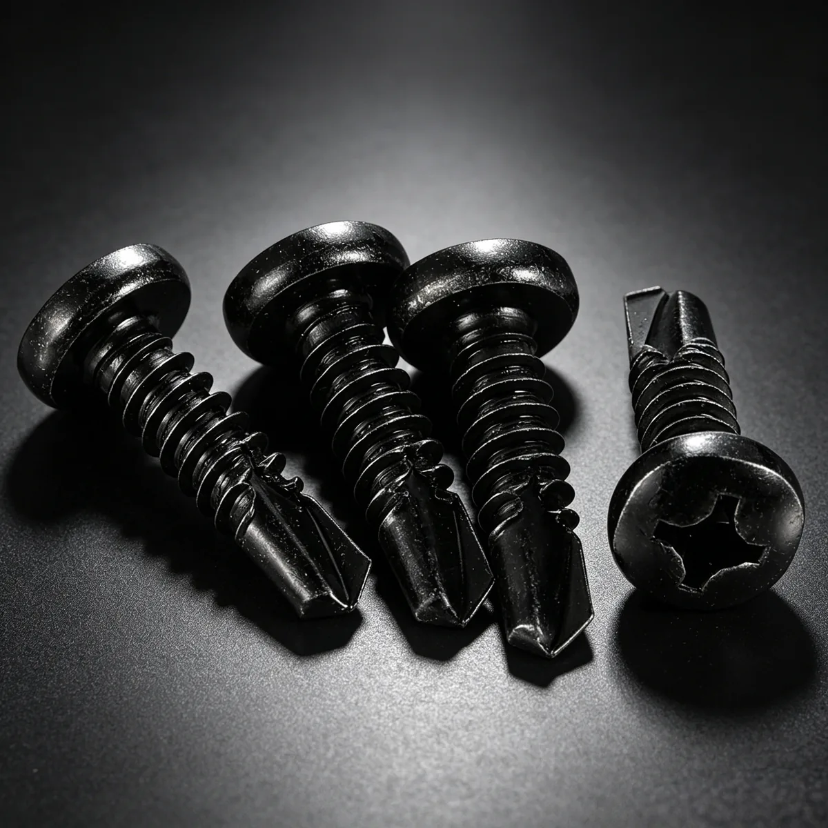Black cross-recessed self-drilling screws on a dark industrial surface