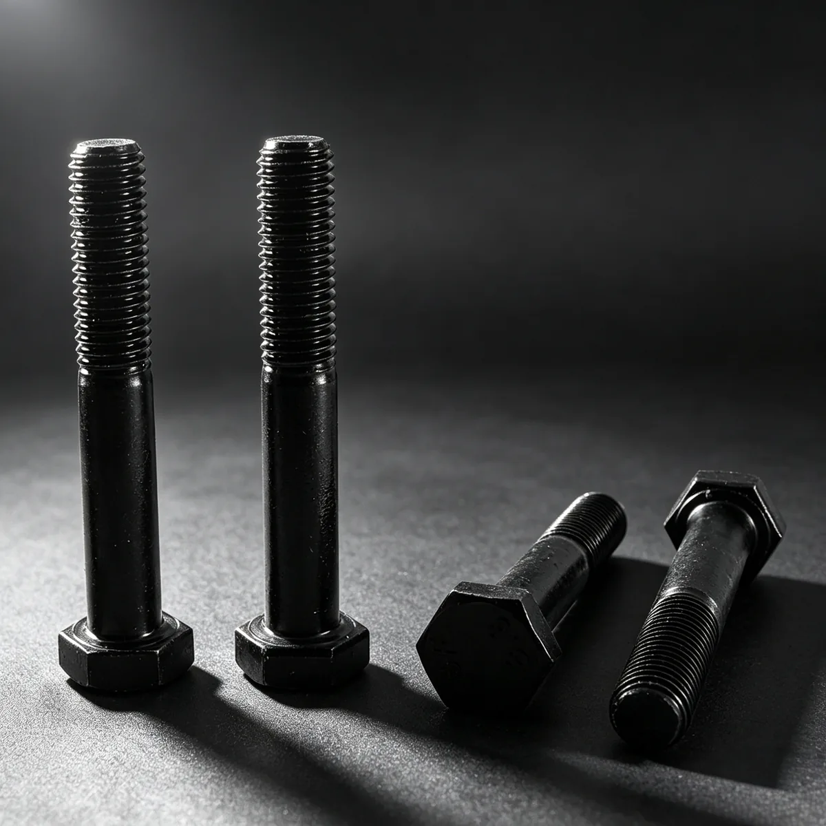 Hex fasteners shown upright and sideways to highlight thread length and under-head geometry