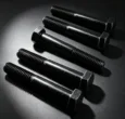 Black hex head fasteners arranged on a dark inspection surface