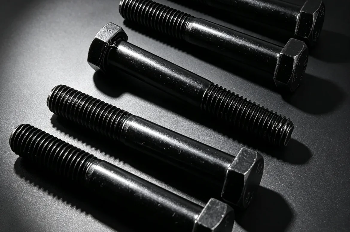 Black hex head fasteners arranged on a dark inspection surface