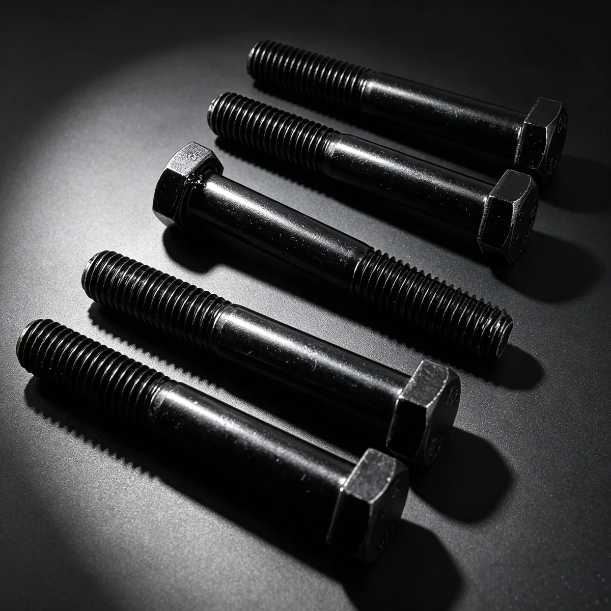 Black hex head fasteners arranged on a dark inspection surface