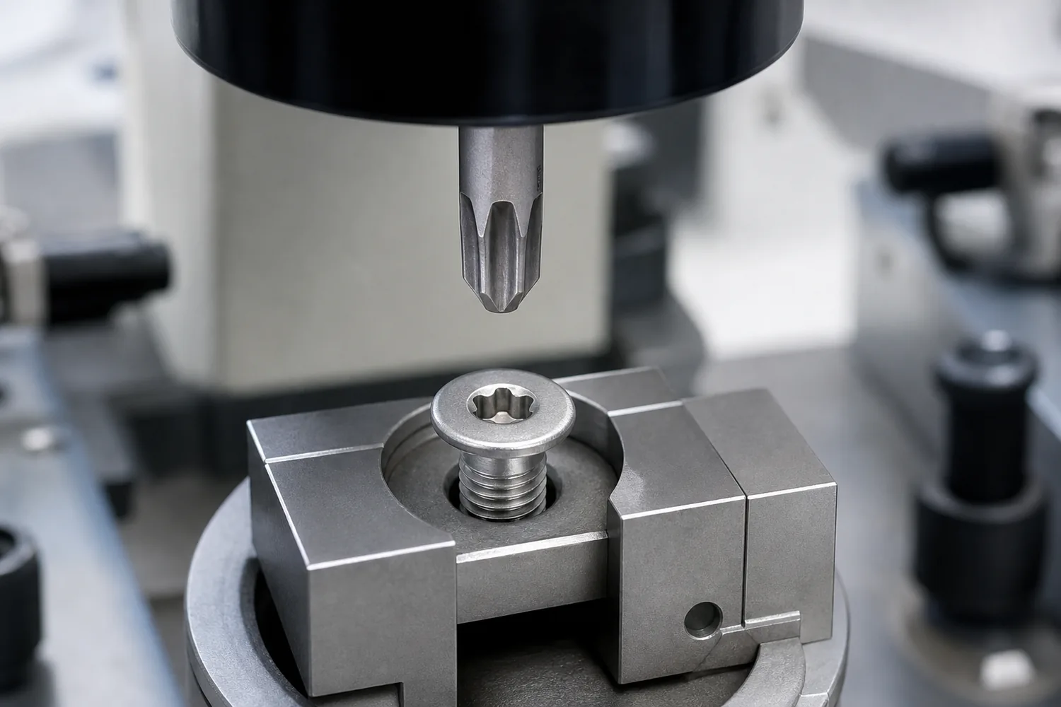 Six-lobe screw recess aligned with a matching driver bit in an inspection fixture