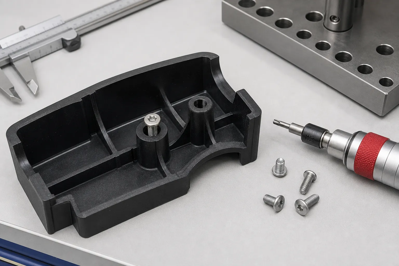 Torque-driver test setup for thread-forming screws installed in molded plastic bosses