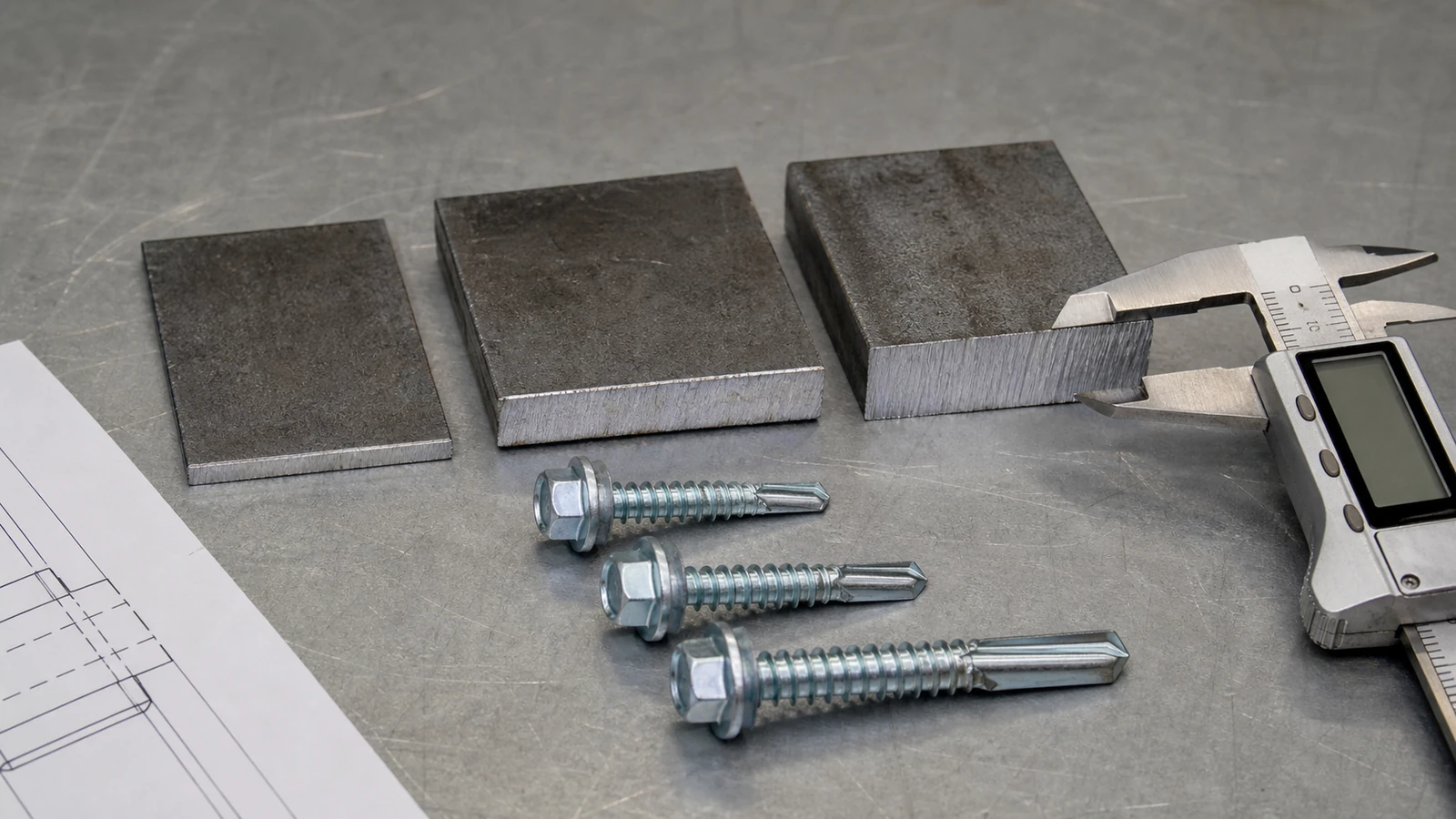Three self-drilling screw point lengths beside steel thickness coupons and a digital caliper