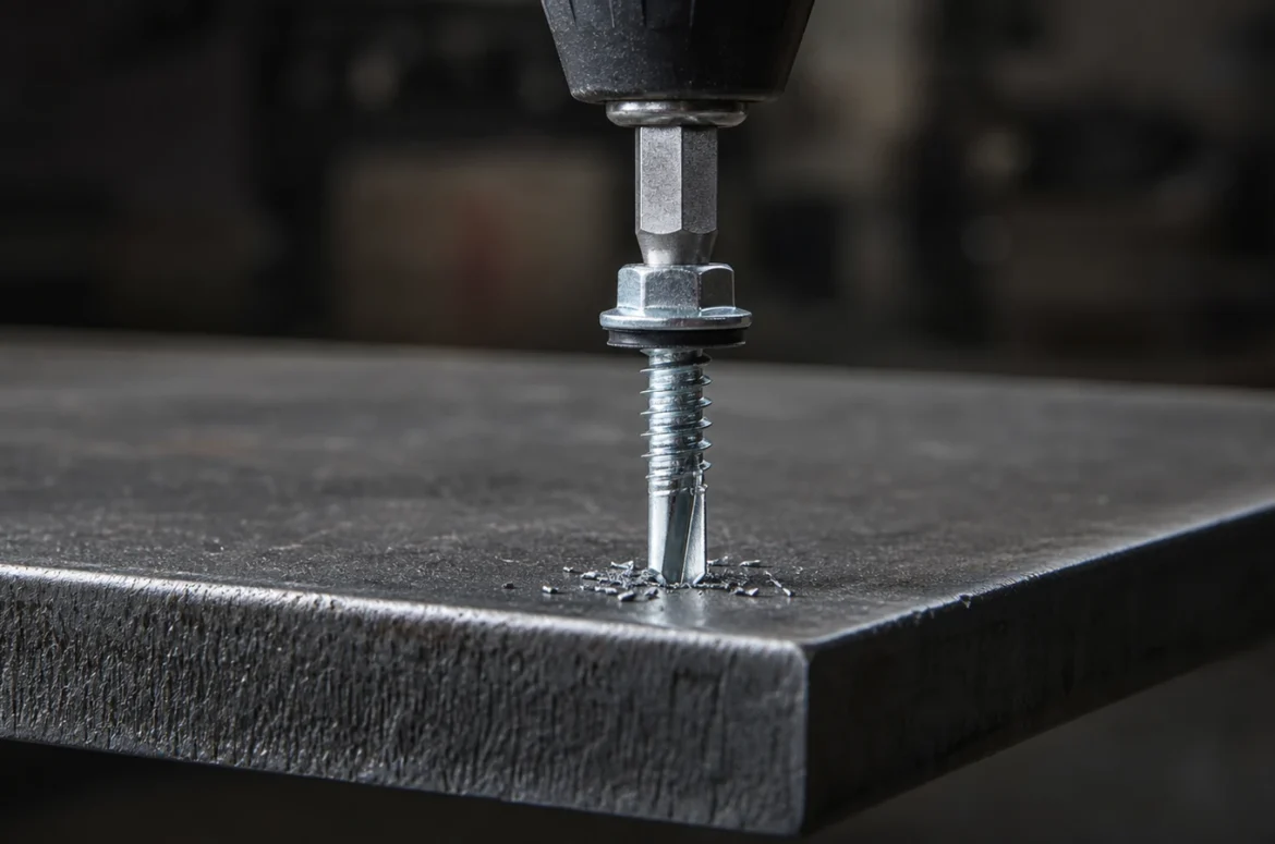 Hex washer head self-drilling screw with a long drill point starting into a thick steel plate