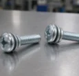 Two zinc-plated SEMS machine screws with captive washer stacks beneath their pan heads