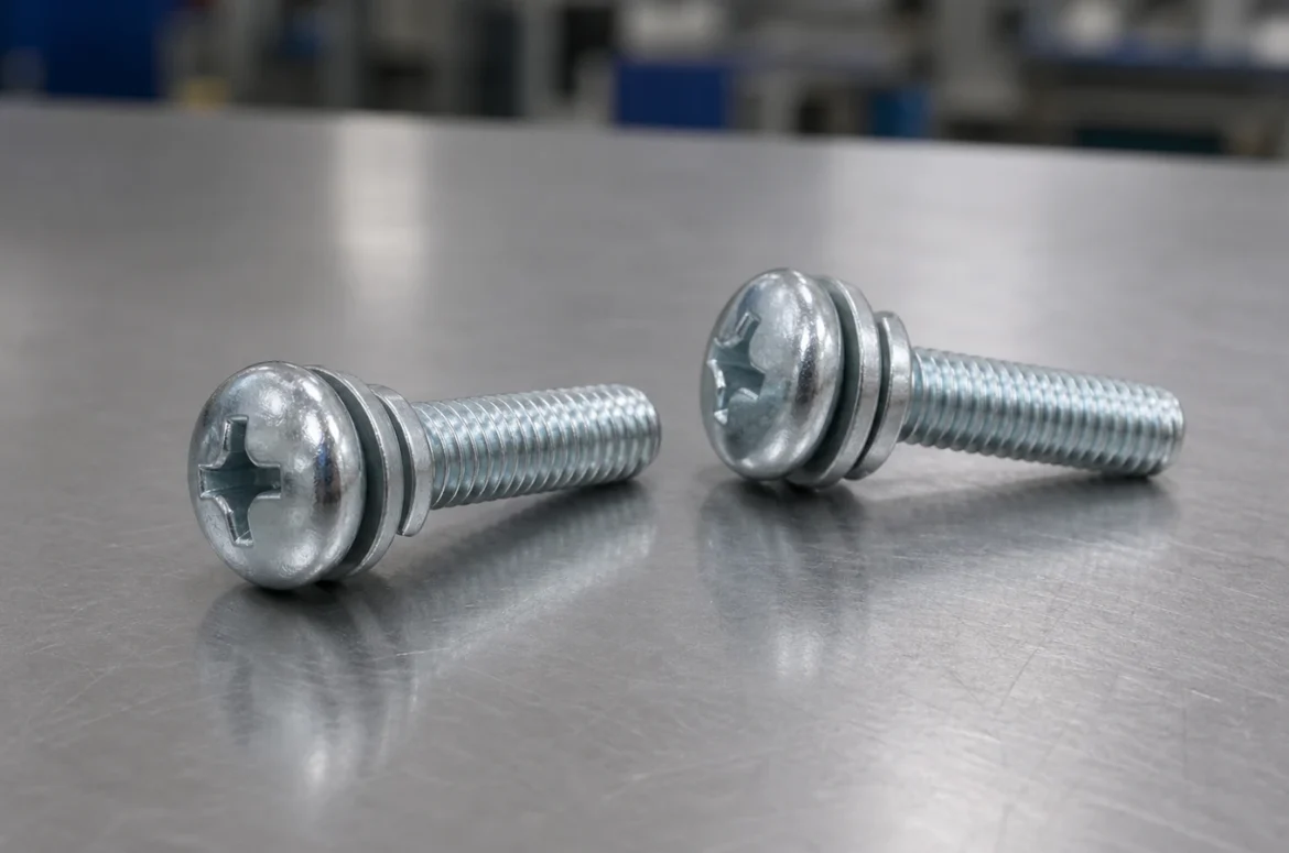 Two zinc-plated SEMS machine screws with captive washer stacks beneath their pan heads