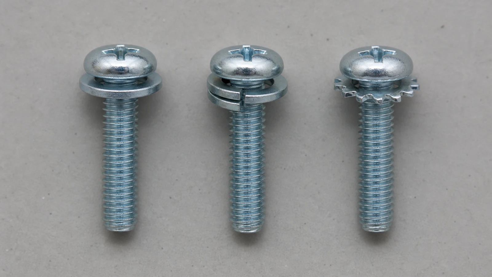 Three SEMS screws comparing captive flat, split-lock, and external-tooth washer arrangements