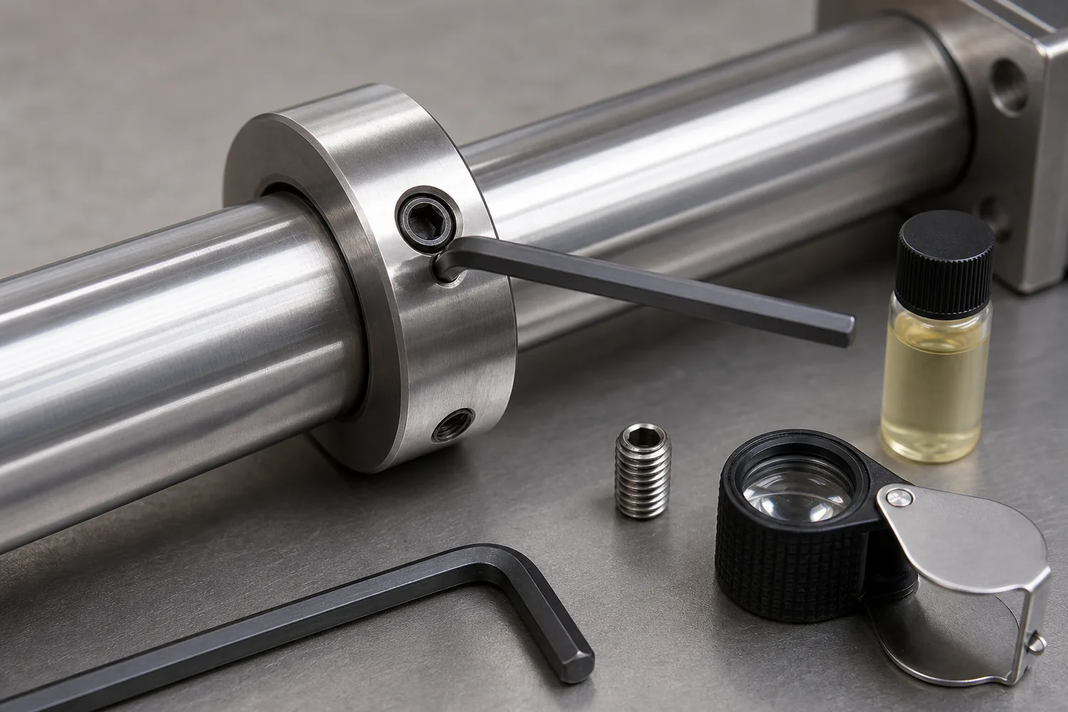 Stainless shaft collar with set screw hex key lubricant and inspection loupe