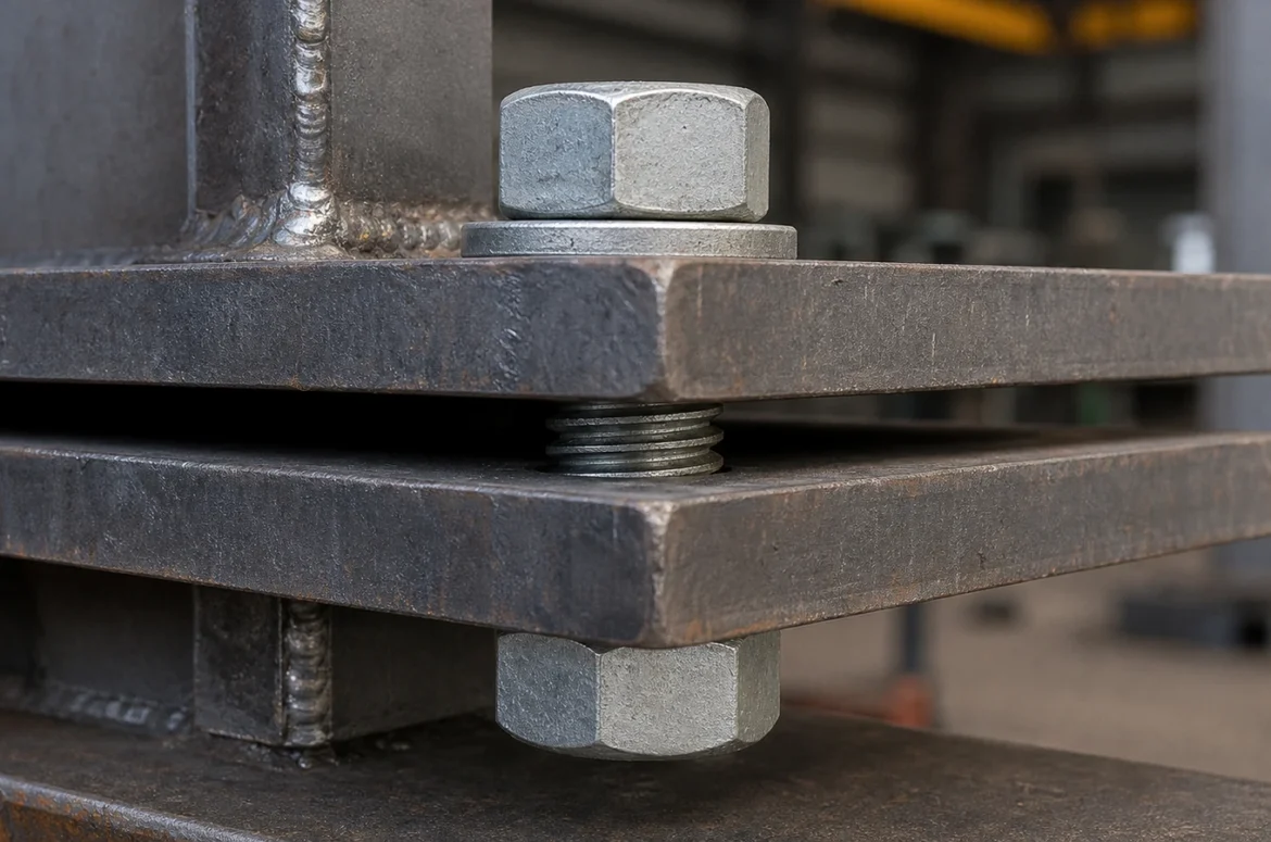 Heavy hex structural bolt with matching nut and hardened washer clamping thick structural steel plates