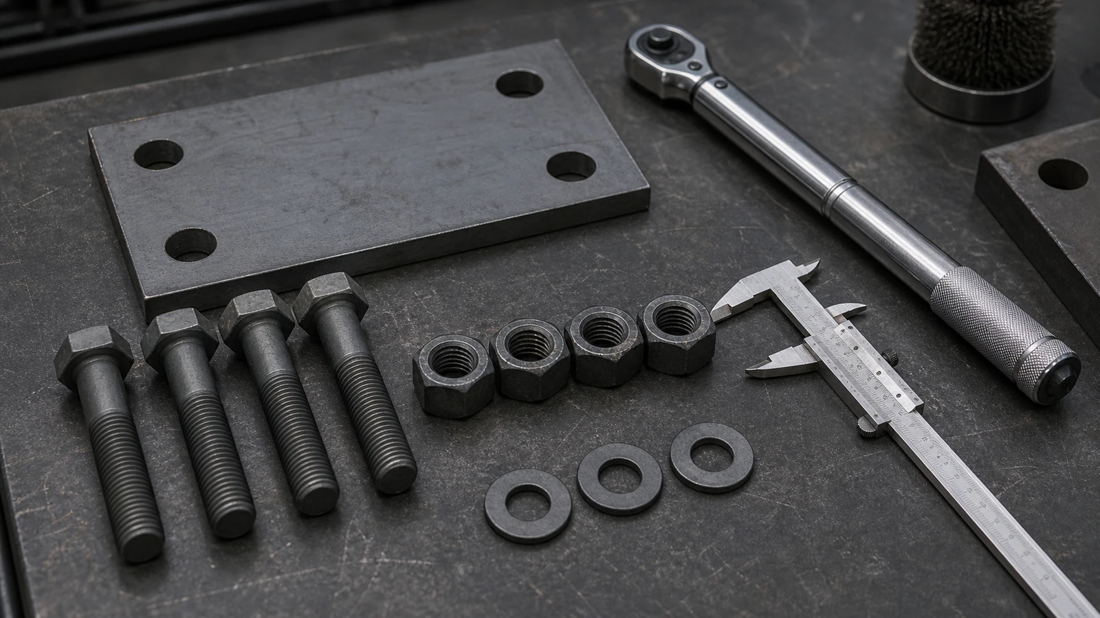 Heavy hex bolts, matching nuts, hardened washers, steel plate, caliper, and torque wrench on an inspection bench