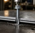 Zinc-plated hex washer-head self-drilling TEK screw drilling through two galvanized steel sheets