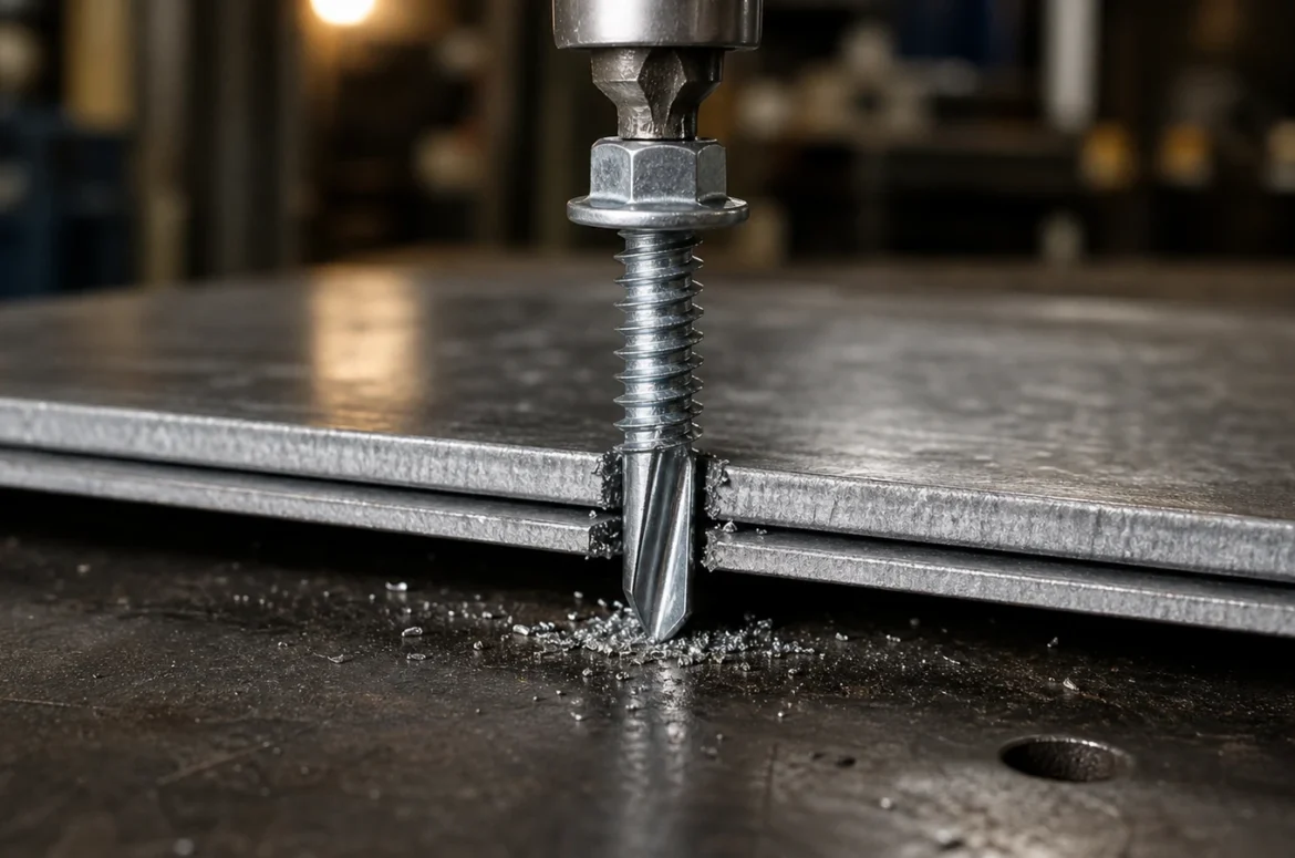 Zinc-plated hex washer-head self-drilling TEK screw drilling through two galvanized steel sheets
