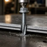 Zinc-plated hex washer-head self-drilling TEK screw drilling through two galvanized steel sheets