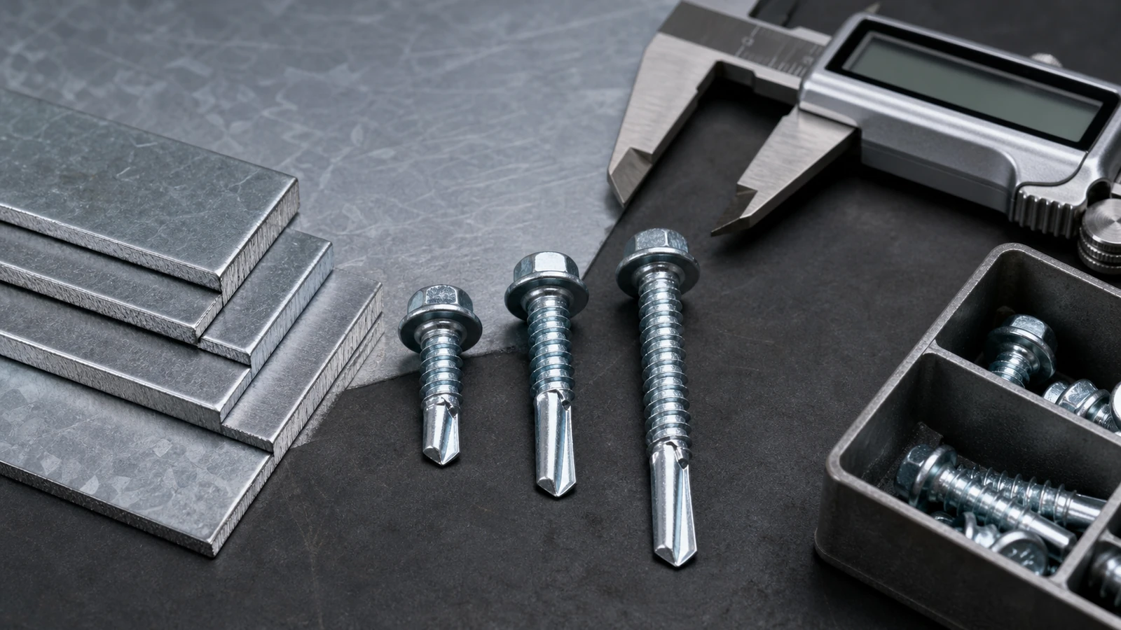 Three self-drilling TEK screws with different drill-point lengths beside galvanized steel coupons and a caliper