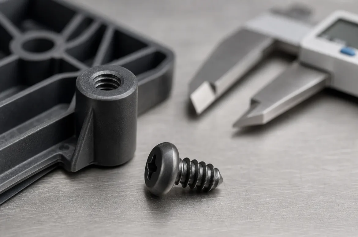 Thread-forming screw beside a molded plastic boss on an inspection bench