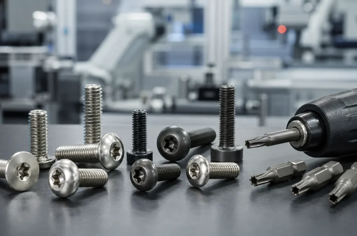 Six-lobe drive screws and matching bits on an automated assembly bench