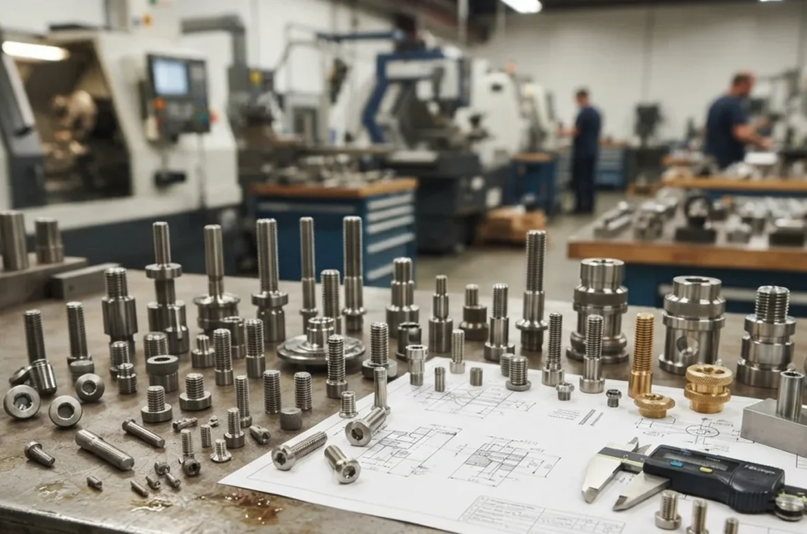 Custom precision fasteners on an engineering drawing inspection bench for OEM RFQ projects